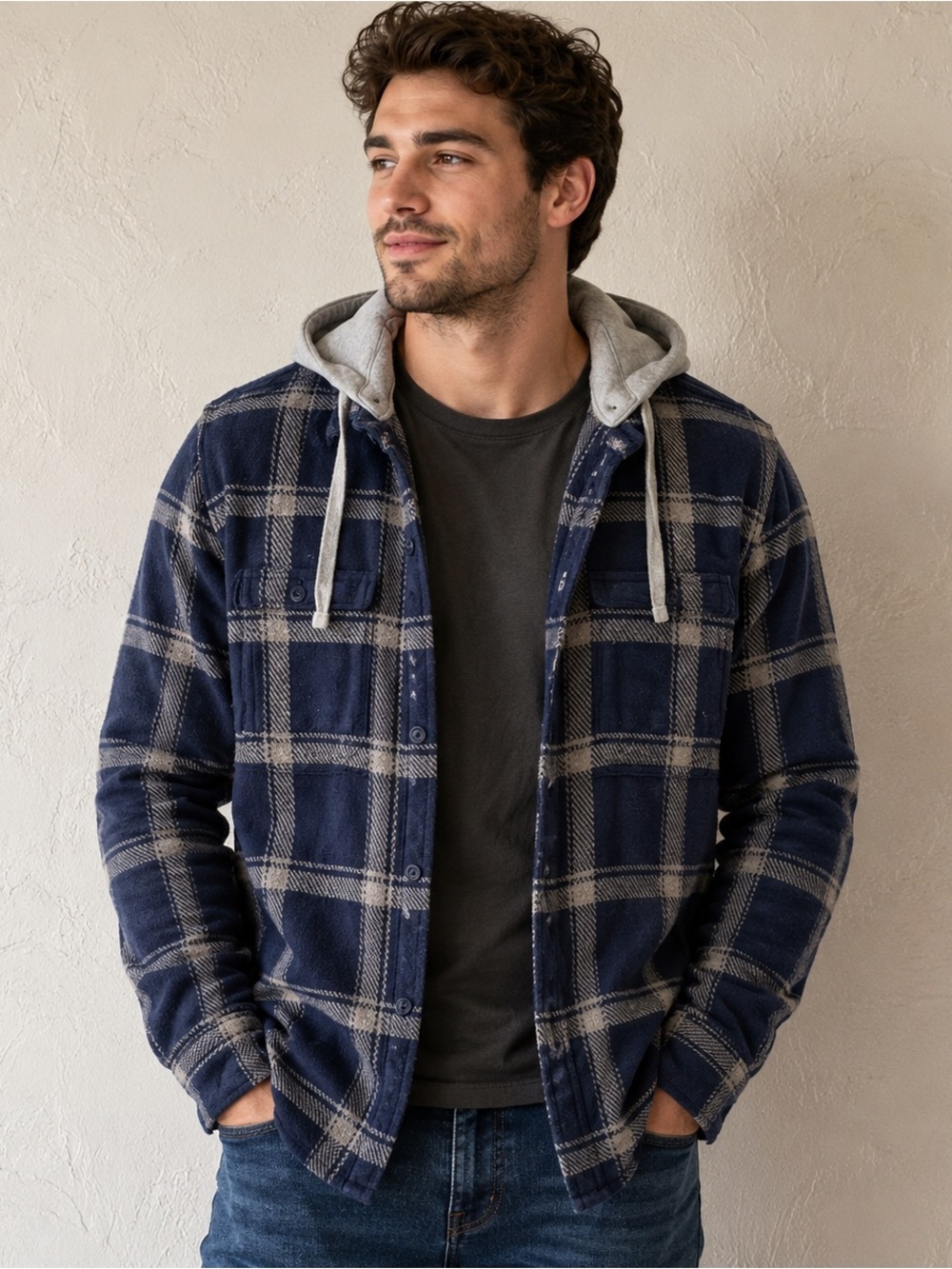 American Eagle Hooded Plaid Shacket | Navy Gray Button Front | Men’s Small